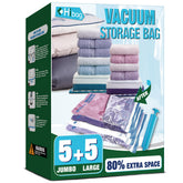 HIBAG vacuum storage bags front packaging demonstrates an easy space-saving solution for closets.
