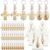 Hicarer baptism key ring with pink pearls, a carved wooden cross keepsake