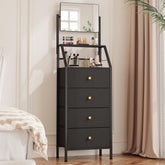 HIGDBFE 4-drawer dresser with mirror in black for compact spaces.