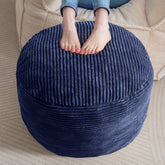 HIGOGOGO navy corduroy round pouf ottoman offers cozy seating.