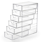 Hipiwe six-drawer clear desktop organizer keeps items visible and organized.