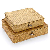 Hipiwe set of 2 flat woven seagrass bins with lid on a shelf, perfect for organization.