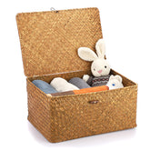 Hipiwe wicker shelf basket with lid in caramel on a tidy shelf, keeps small items organized