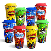Hipoxa 24-pack hero-themed cups in red, blue, yellow, and green for easy party color-coding.