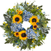 HipTree 24 Inch Spring Summer Wreath with sunflowers and hydrangeas for front door decor.
