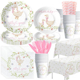 HIPVVILD Pink Silly Goose dinner plates with gentle art for a whimsical baby shower.