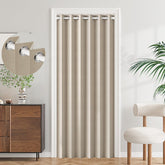 HMYI 100% blackout curtain in tan blocks light for privacy.