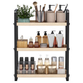 HNRLOY Burlywood 3-Tier bathroom counter organizer neatly arranges toiletries.
