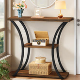 Hoctieon 3-tier console table front view highlights balanced wood shelves and metal frame for display