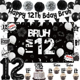 Holkcog 12th birthday banner enhances party backdrop with bold black and white styling.