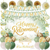 Holkcog green gold retirement banner setup enhances party photos and ambiance.