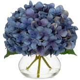 Hollyone blue hydrangea fall flowers in glass vase for elegant autumn decor.