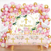 Hombae Mi Bautizo backdrop for pink baptism celebrations.