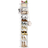 HOMEFORT 10-tier vertical shoe rack shown in a tidy corner for streamlined entryway storage.