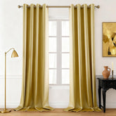 HOMEIDEAS gold faux silk curtains close-up fabric texture for luxurious feel.