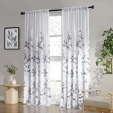 HOMEIDEAS grey and white semi-sheer curtains with bottom leaf print for soft privacy