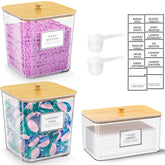 HomePekite laundry pods container with clear body and wooden lid for easy visibility