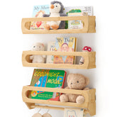 Homewisp nursery shelves on wall in natural bamboo with sturdy, clean lines.