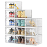 HOMIDEC transparent shoe storage box for easy closet visibility and organization.
