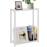 Homleke narrow side table with white storage basket beside a sofa for tidy living room organization