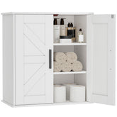 Homleke over-toilet cabinet with barn doors for organized toiletries.