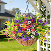 Hommyea artificial flowers hanging basket close-up showing vibrant multicolor blooms for year-round outdoor dΓ©cor.