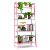 Homykic Bamboo Ladder Bookshelf pink front view, showcasing ample 4-tier storage for books