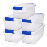 HOMZ 5-pack clear 7.5 qt bins with blue latches for secure stacking.