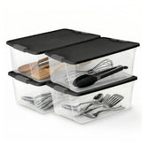 HOMZ 15-quart clear bin with secure latch keeps contents dust-free.