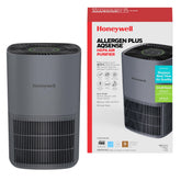 Honeywell Allergen Plus purifier front view shows compact design for bedrooms.