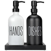 Hongno kitchen soap dispenser set with striking black and white design elevates the sink.