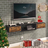 HOOBRO 55-inch floating TV stand with power outlets front view keeps cables organized