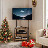 HOOBRO rolling TV stand front view shows mount and outlets for tidy viewing
