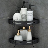 Hoomtaook adhesive corner shelf in bathroom keeps toiletries neatly organized.