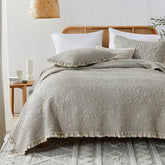 HORIMOTE HOME beige ruffled quilt bedspread with stone-washed microfiber texture for a cozy look