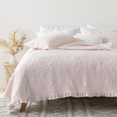 HORIMOTE HOME pink ruffled quilt front view with floral stitching for cozy bedroom styling.