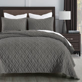 Horimote Home queen grey quilt set on bed showing soft microfiber comfort.