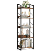 Hosfais 5-tier bookshelf front view in rustic brown showing sturdy metal frame.