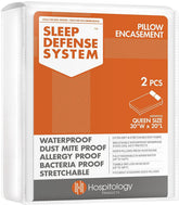 HOSPITOLOGY pillow encasement close-up shows waterproof zipper barrier protecting the pillow.