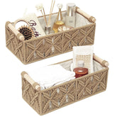 HOSROOME macrame storage basket front view, handmade weave ideal for tidy spaces.