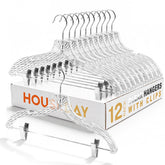 House Day clear plastic pant hangers with clips for secure storage.