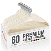 House Day Ivory Velvet Hangers 60-pack shown in a closet for space-saving organization