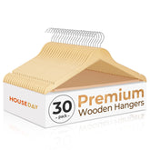 House Day premium wooden hangers with 360° hook for easy garment access and tangle-free browsing.