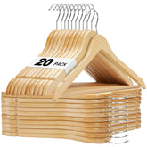 House Day wooden hangers 20-pack in a closet, sturdy support for heavy coats.