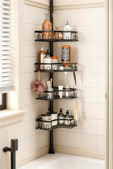 HouseUp corner shower caddy with tension pole offers four-tier bathroom storage.