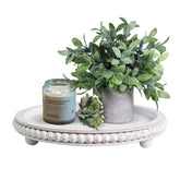 HPC Decor 12in round wood tray with white distressed finish, ideal as living room centerpiece