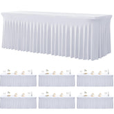 Htper 6-pack spandex white tablecloth on an 8ft table provides a secure fit for parties.