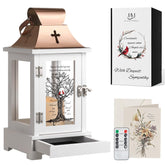 HugMemories memorial lantern with wood base glows warmly for remembrance.