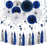 Hugtmr navy-blue white-silver banner decor adds a cohesive party backdrop.