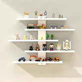 HUHUJIA 5-tier floating wall shelf in white displaying anime figures and decor for organized storage